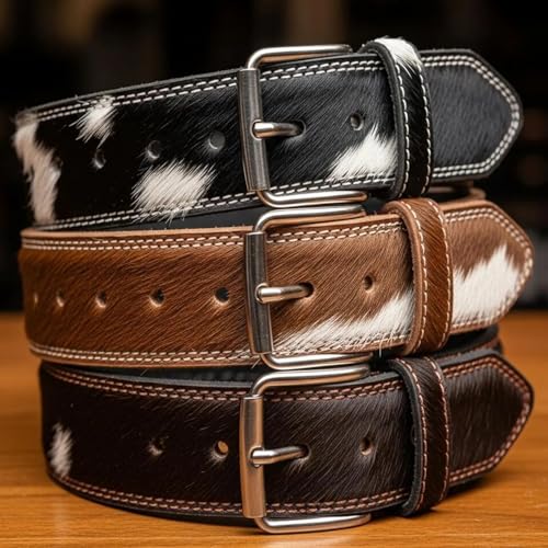 Western Cowhide Leather Belt, Hair-on Design, Handmade Cowboy Belt for Men, Black Brown3