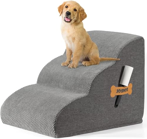 ROMROL Hundetreppe 3 Stufen – rutschfeste Haustiertreppe für kleine Hunde & Katzen – Waschbarer Bezug, Hochdichter Memory-Schaum – Weiche...