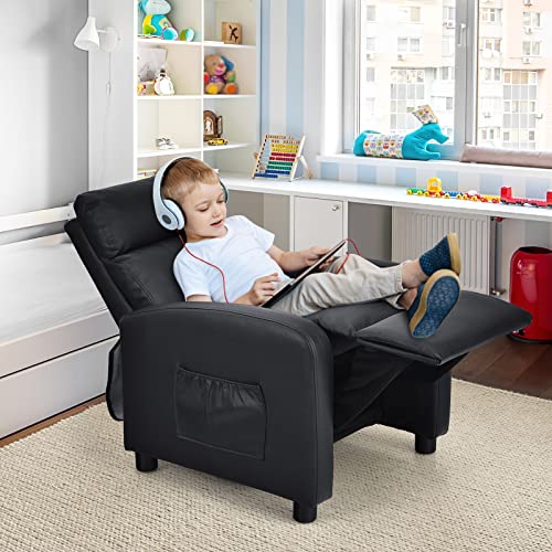 Image of Costzon Kids Recliner, Adjustable PU Leather Lounge Chair with Side Pockets, Footrest, Headrest for Kids Aged 3-12, Black
