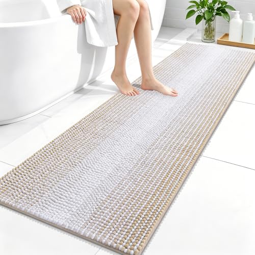 Image of OLANLY Bathroom Runner Rugs 59x20, Extra Soft Absorbent Chenille Striped Bath Rugs, Rubber Backing, Machine Wash Dry, Long Bath Mats for Bathroom, Tub, Shower, Home Decor Accessories, Beige