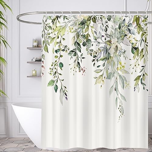 Minicoco Shower Curtain Mould Proof Mildew Resistant Bathroom Shower Curtains Waterproof Shower Curtain 100% Polyester Green Shower Curtains with 12 Hooks, 180 x 180 cm (Flower)