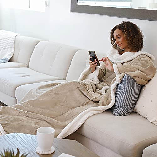 Image of Catalonia Sherpa Wearable Blanket with Sleeves Arms, Super Soft Warm Comfy Large Fleece Plush Sleeved TV Throws Wrap Robe Blanket for Adult Women and Men Black