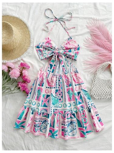 Image of Floerns Women's Floral Halter Neck Vacation Dress Sleeveless Cut Out Boho Cami Dress