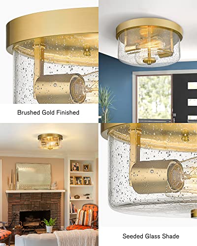Emak Brushed Gold 2 Light Flush Mount Ceiling Light Fixture, 11 Inch Close To Ceiling Light Fixtures With Seeded Glass Shades For Hallway, Kitchen, Bathroom, Dining Room, Fm082-Gd #TOP2