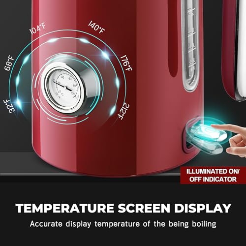 SUSTEAS Electric Kettle - 57oz Hot Tea Water Boiler with Thermometer, 1500W Fast Heating Stainless Steel Pot, Cordless LED Indicator, Auto Shut-Off & Boil Dry Protection, Red - Thumbnail 7