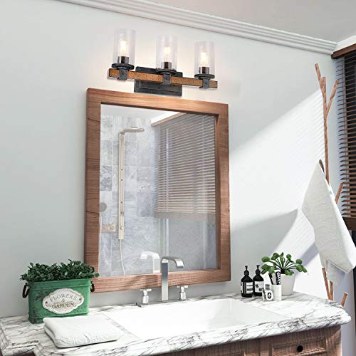 3-Light Farmhouse Vanity Light, 5-Piece All-In-One Bathroom Set (E26 Bulb Base), Light Fixture With Seeded Glass Shades, Faux Wood Metal Wall Sconce For Bathroom, Kitchen, Powder Room #TOP4