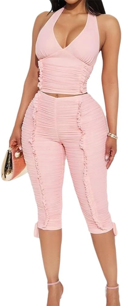 Two Piece Sets for Women Sexy Halter Neck Sleeveless Slim Fit Top Pleat Knee Length Pants Set Casual Trendy Outfit