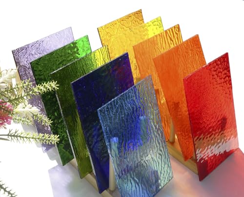 Lanyani 10 Sheets Bright Variety Transparent Textured Stained Glass Sheets Pack, 4 x 6 inch Large Cathedral Glass Mosaic Tiles for Crafts, Mixed Color