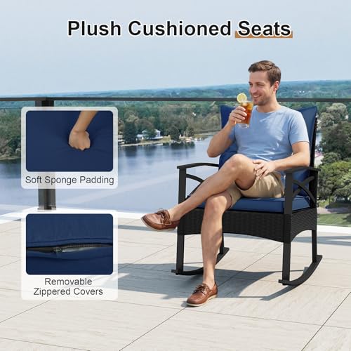 Image of Tangkula 3 Pieces Wicker Outdoor Rocking Chairs Set | Heavy Duty | Cushioned | Rattan Rocker Bistro Set w / 2-Tier Tempered Glass Coffee Table for Garden, Balcony, Backyard