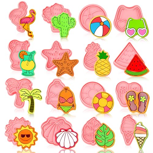 16 Pack Summer Beach Cookie Cutters Set, 3D Cookie Plunger Stamps for DIY Press Molds, Flamingo Pineapple Cookie Cutters, Party Baking Supplies, Clay Biscuit Molds