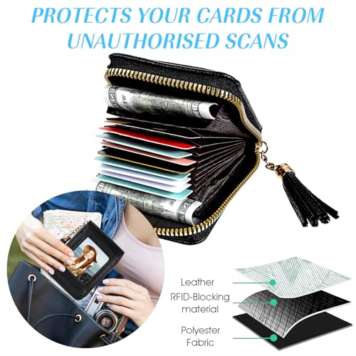 RFID Blocking Wallet for Women, 9 Organ Credit Card Holder 1 ID Window and 2 Coin Banknote Slots Small Wallets Compact Leather Tassel Zipper Purse4