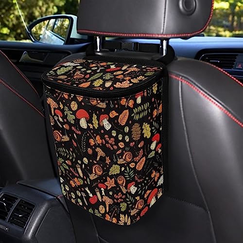 Trash Can for Car Leakproof Garbage with Lid and Zipper Boho Cottagecore Mushroom Snail Ferns Trash Bin Hanging Back of Seat Auto Interior Accessories Universal Fit Most Truck SUV Van