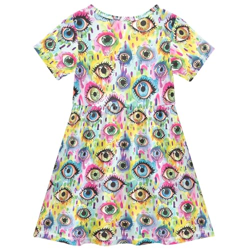 Evil Eyes Rainbows Leopard Printed Girls Fashion Dress Short Sleeve Spring Dresses for Toddler Girls Party Dress 2T2