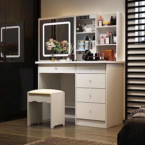 Coiffeuse Grande avec Miroir , LED Réglable, Prise et Port USB, 15 Tiroirs, 135X40X140cm,Blanc - Maison