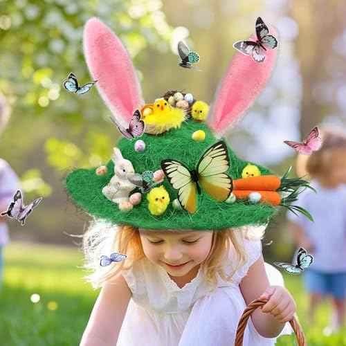 Easter Bonnet Kit Hat for Boys Girls Kids Gifts Handmade DIY Decorations Make Your Own Hat for Easter Egg Hunt Activity with Craft Set Chicks Bunny Carrots Eggs Nests Grass Butterfly Cartoon Cap