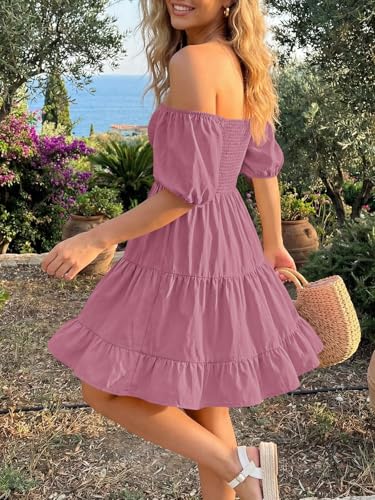 Image of Wenrine Womens Puff Sleeve Babydoll Dress Summer Floral Square Neck Smocked Casual Off Shoulder Ruffle Boho Mini Dresses