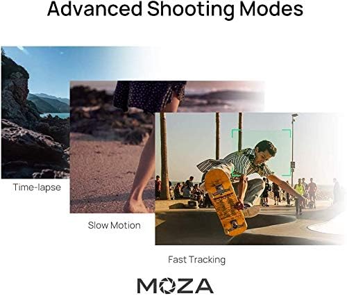 Examples of advanced shooting modes: Time-lapse, Slow Motion, and Fast Tracking, depicted with various outdoor scenes.