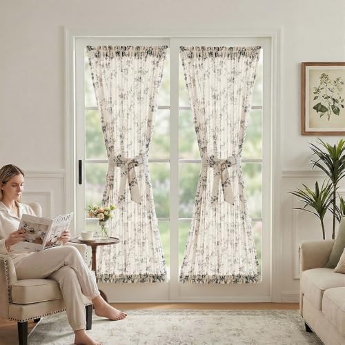 Image of jinchan Floral French Door Curtain Panel Farmhouse Decor Light Filtering Linen with Tie Up Bow for Glass Door or Patio 72 Inch Length Rod Pocket 1 Panel Black on Linen