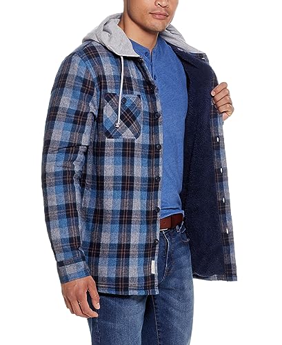Image of Weatherproof Vintage Mens Hooded Sherpa Lined Soft Brushed Plaid Button-Down Shirt Jacket (Blue, Small)
