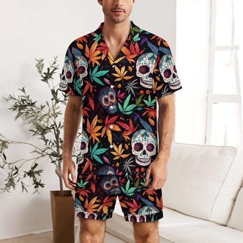 Colorful Skull Weed Plants Mens Pajamas Set Short Sleeve Sleepwear Summer Pjs Sets 2 Piece Loungewear Nightwear2