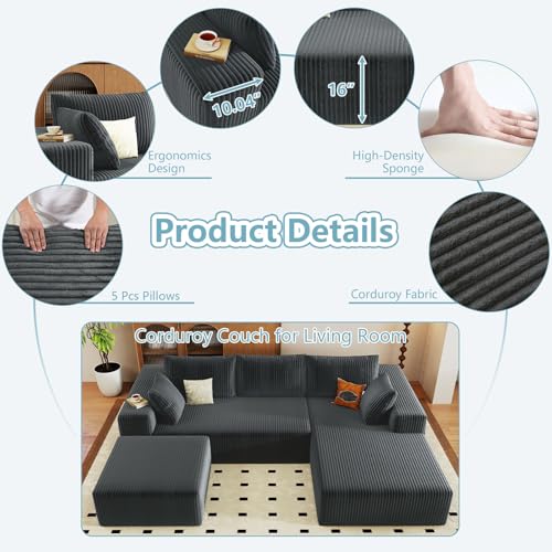 Image of 96 inch Boneless Cloud Couch Sectional Couches Sofa for Living Room