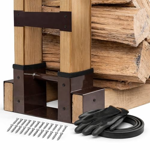 TIDYBOSS 2 Pack Firewood Rack Outdoor | 2x4 Brackets for Wood | Lumber Storage Rack Log Holder | Adjustable to any Length with Seal Strip, Gloves, Steel Plates and Screws (Dark Brown)