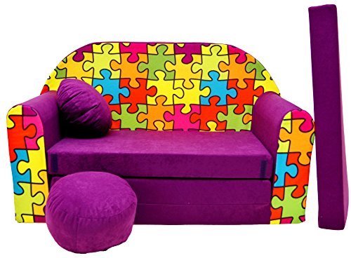Pro Cosmo - G34 - Canapé-lit pour Enfants - avec Pouf/Repose-Pieds/Oreiller - en Tissu - Multicolore - 168 x 98 x 60 cm