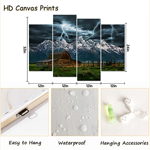 Ryounoart Grand Teton National Park Pictures Farmhouse Country Barn Paintings For Wall Nature Lightning Strikes In The Clouds Artwork 4 Panel Canvas Wall Art For Living Room Framed Ready To Hang #TOP5