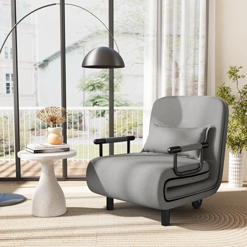 COSTWAY Single Folding Sofa Bed Chair Modern Fabric Sleep Function Holder W/Pillow & Wheel For Home Bedroom Living Room Office Indoor (Light Grey) - Image 2