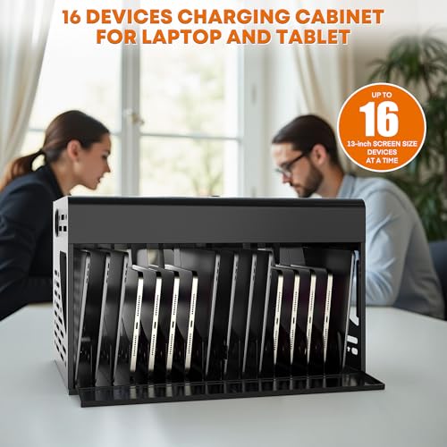 Image of 16 Bay Laptop Charging Cabinet for Chromebook, Locking Charging Station with Cable Management, Charger Storage Box & 2 Locks, Fits 14 inch Screensize Tablet for Classroom Library Office, Black