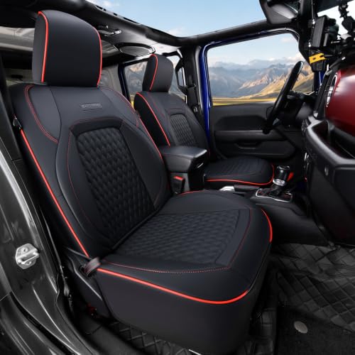 Image of Coverado Front Seat Covers for 2018-2026 Jeep Wrangler, Waterproof Leather Seat Covers Accessories Custom Fit JL 4 Door Car Seat Cover Protector Cushion Full Coverage, Red Line