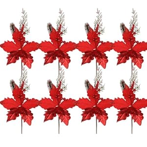 8 PCS Festive Red Poinsettia Flower Pick: Artificial Christmas Florals with Glitter Highlights - Versatile Decor Accents for DIY, Wreaths, Christmas, Holiday Parties & Home Decor 8 PCS Festive Red Poinsettia Flower Pick Artificial Christmas Florals with Glitter Highlights Versatile Decor Accents for DIY Wreaths Christmas Holiday Parties Home Decor