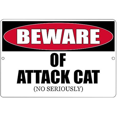 Rogue River Tactical Funny Beware of Attack Cat Metal Tin Sign Kitten Kitchen Wall Decor Warning Sign Cover
