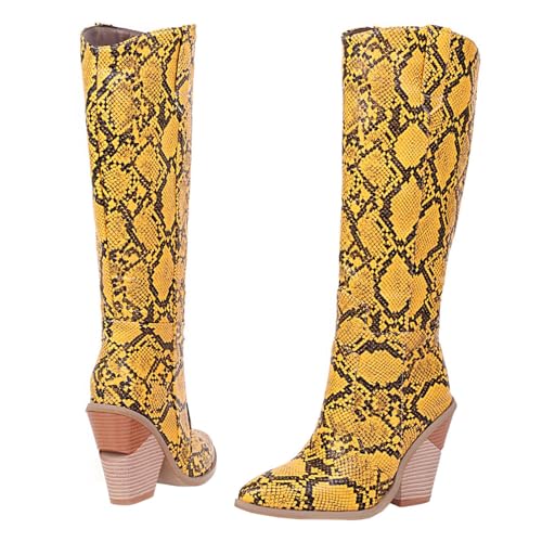 Snake Print Knee High Boots for Women Chunky Heel Pointed Toe Cowboy Boots Sexy Western Snakeskin Cowgirl Boots2
