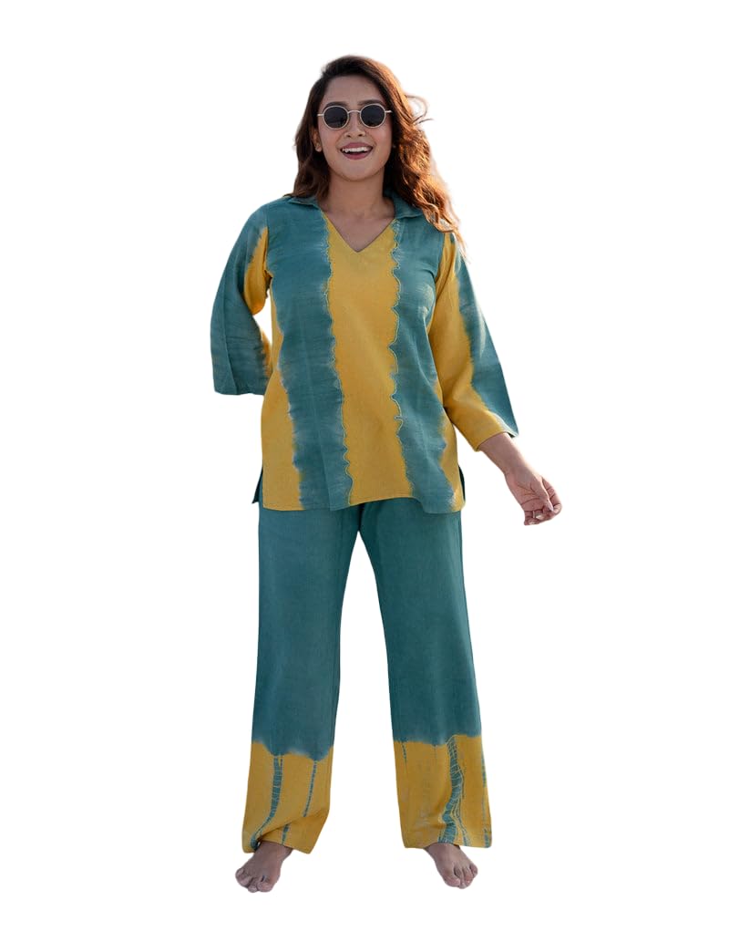 shreestoreglobal Women's Cotton Tie Dye Print Two-Piece Lounge Set Tunic with Wide-Leg Pants, Resort Wear (Teal and Yellow2)-picture-54