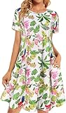 elescat Summer Dresses for Women Pockets Short Sleeve Cotton Sundress Flowy Beach Plus Size Tunic Dress(Pink Green Leaves, L)