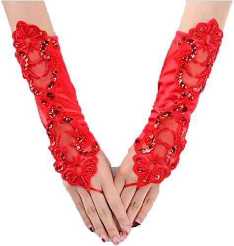 Formal Women Sexy Long Fingerless Beaded Satin Bride Gloves Evening Party Red