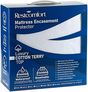Rest Comfort Zippered Mattress Protector and Encasement - Bed Bug and Dust Mite Proof with Cotton Terry Top - Water Resistant and Hypoallergenic (Twin, Stretches 9-15 Depth)