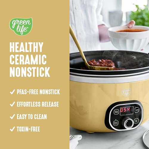 Image of GreenLife 6QT Slow Cooker, Non-Toxic PFAS-Free Ceramic Nonstick Removable Interior Bowl, Programmable, Family Friendly, Keep Warm, Stovetop & Oven Safe, Dishwasher Safe Crock, Timer, Glass Lid, Yellow