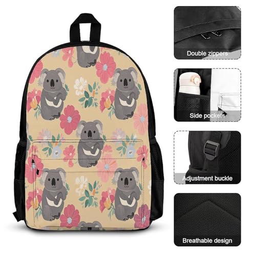3-in-1 Backpack Combination Set Cute Koala Bear Floral Print 3Pcs Backpack Sets Travel Daypack with Lunch Bag And Cosmetic Bag3