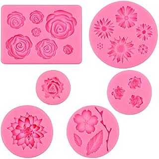 JaneYi 6 Pieces Fondant Flower Moulds Silicone Cake Fondant Molds 3D Flower Daisy Rose Lotus Leaf Cake Decorating Mold DIY Baking Tool for Fondant Cupcake Chocolate Candy Jelly Soap Wax Polymer Clay