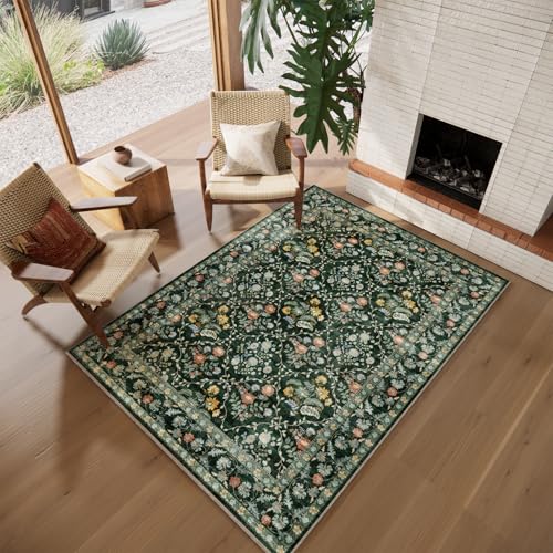 Image of Vintage Botanical Dark Green Area Rug 5x7 Elegant Floral Pattern, Durable Stain-Resistant Fabric, Perfect for Living Room, Bedroom, Dining Room Decor