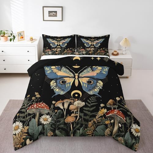 Erosebridal Bohemian Moth Toddler Bedding Set,Light Blue Butterfly Wild Animals Comforter Set for Boys Girls,Starry Sky Stars Moon Phase Quilt,Daisy Flowers Mushroom Plants Duvet Set,2 Piece