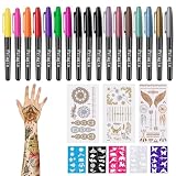 Temporary Tattoo Markers Pens for Skin Body Art Pen Kit Removable Multi-Coloured Face Paint with 17 Glitter Matte Tattoo Pens 5 Paint Stencils 3 Tattoos Stickers for Teenage Girls Boys Adults Gifts