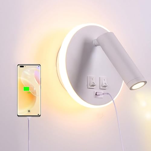 Puerto de carga USB, luz de lavado de pared, luz blanca LED con pared interior, foco ajustable, lámpara de lectura, lámpara de pared para