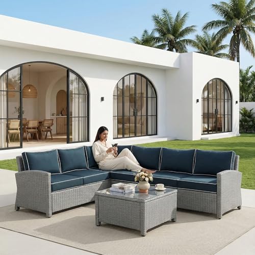 Image of OUTLIVING Outdoor Sofa Set || Patio Furniture Sets || Balcony Sofa || Indoor Sofa || Wicker Rattan Garden Sofa Set with Cushion and Center Table (6 Seater Grey with Navy Blue Cushions)