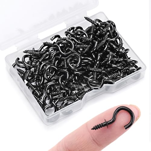 KINGLAKE 100 Pcs 1/2 Inch Small Screw in Hooks Black Mini Wall Ceiling Hook for Wood Under Cupboard Cabinet Shelf Hanging Keys Fairy Lamp and Christmas Light