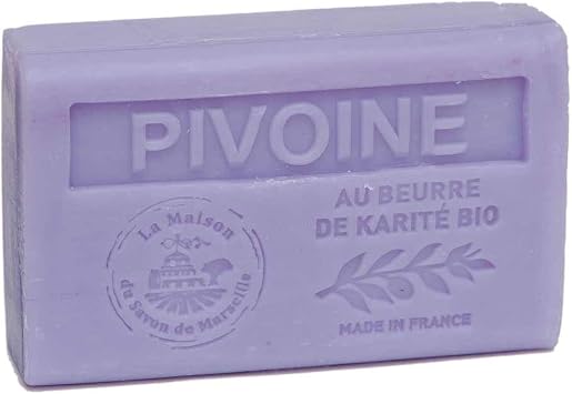 Maison du Savon de Marseille - French Soap made with Organic Shea Butter - Peony Fragrance - 125 Gram Bar