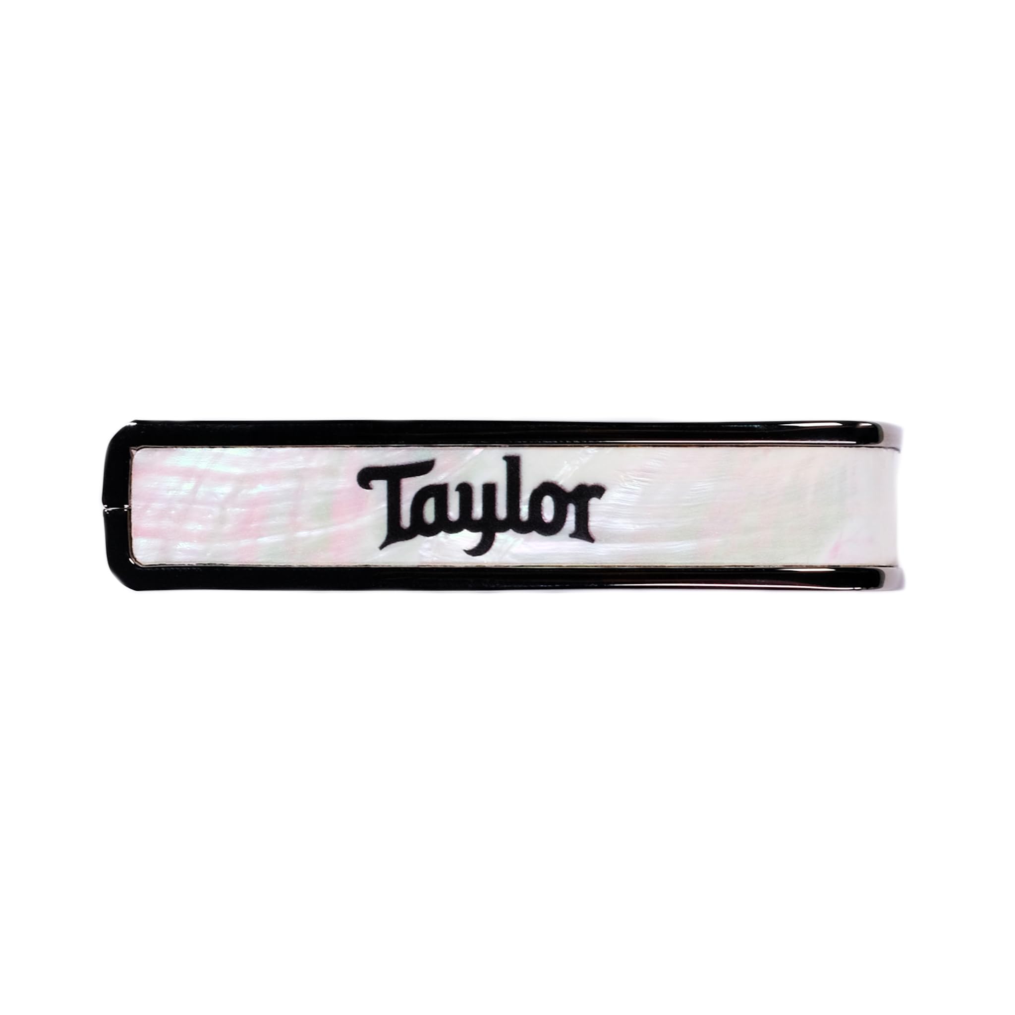 Taylor - Cejilla con acabado cromado negro, perla blanca con logotipo de Taylor negro