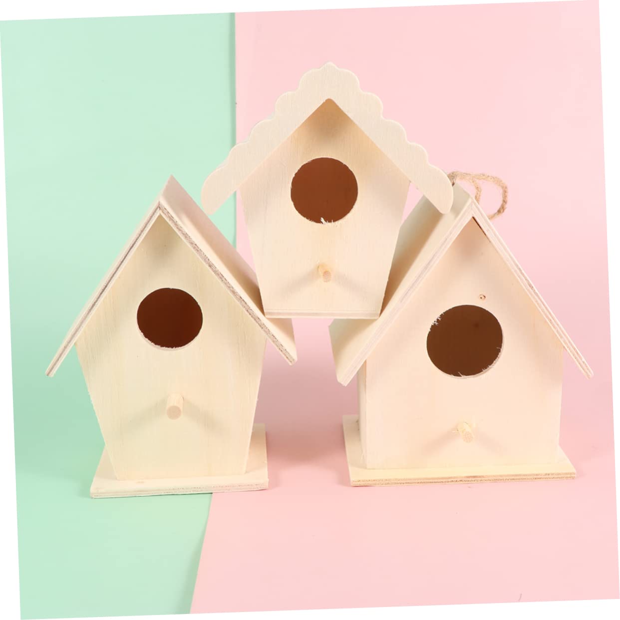 6 Stück Selbstgemacht Holzbauset Kleines Vogelhaus mit Dicken Seilen Holzhaus Bastelset für Büro und Graffiti Dekoratives Tischornament im Mixed Style Zufälliger Stil
